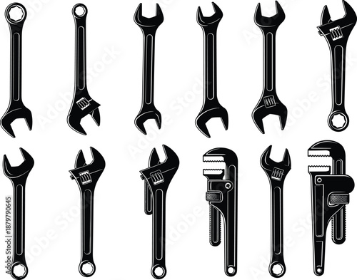Wrench and adjustable spanner tools set illustration for mechanical repair construction maintenance industry isolated black vector icons collection