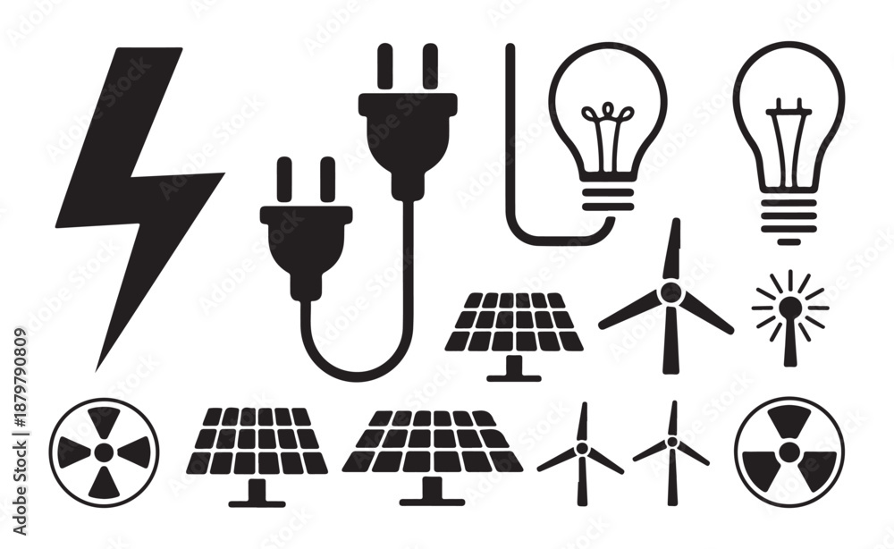 Obraz premium Set of black and white electric power and energy icons for renewable energy and electricity concepts