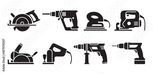 Set of electrical tool icons, circular saw, drill, orbital sander, jigsaw, angle grinder, on white
