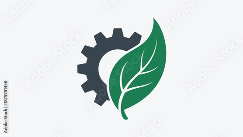 Sustainable industrial processes: a vibrant green leaf intertwining with a dark gray gear Vector