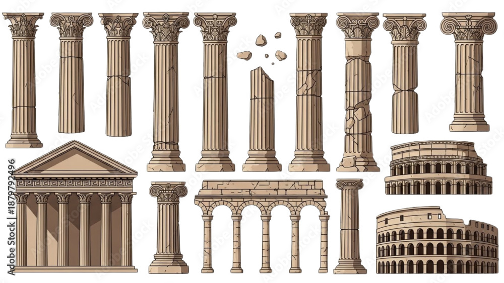 Fototapeta premium Greek Pillars and Roman Columns Vector Set Ancient Architecture Illustration
