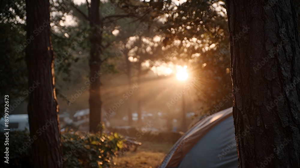 Obraz premium Golden sunbeams pierce through the forest canopy at a tranquil campsite illuminating tents in the soft misty light of dawn