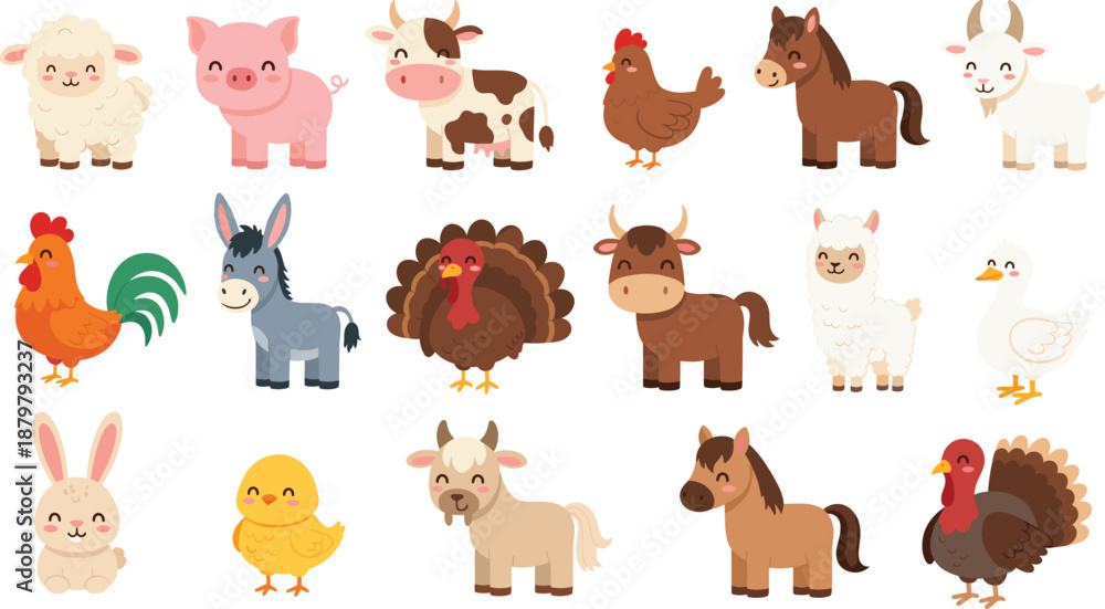 Εκτύπωση καμβά Cute farm animals vector illustration set with cow pig sheep chicken horse turke