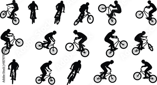 Dynamic collection of BMX stunt rider silhouettes performing wheelies, jumps, and tricks in grid arrangement for cycling sports design