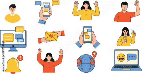 Digital communication icons vector set with people messaging video chat notifications and social media interaction elements