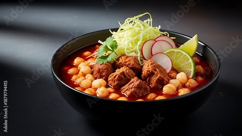 A steaming bowl of posole with tender meat and fresh garnishes