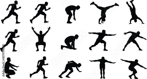 Collection of athletic human silhouettes in dynamic poses including running, jumping, squatting, and balancing arranged in grid for fitness design