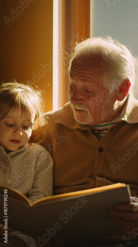 grandfather reading a book to his grandson