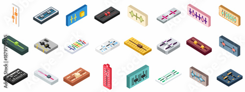 Isometric Fader and Slider Icon Set for Audio Control, Graphic Equalizers, Mixing Consoles, and Sound Adjustment Interfaces in Digital and Analog Applications.