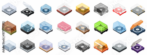 Isometric icon set of 18 colorful vinyl turntables. Retro and modern record players collection for music, vintage, and audio technology illustrations.