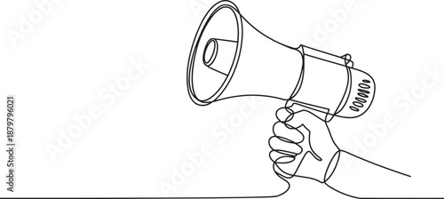 Hand holding megaphone one line drawing, minimal protest announcement outline vector illustration