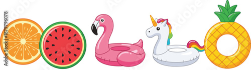Summer pool float icons vector illustration set with fruit slices flamingo unicorn inflatable rings isolated on white
