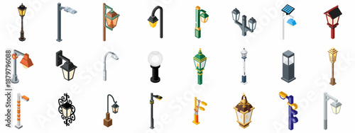 Isometric Street Lamp and Outdoor Lighting Fixture Icons Set. Collection of various classic, modern, LED, and solar lampposts.