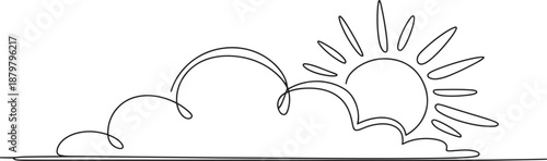 Sun with clouds continuous one line drawing, minimal weather summer outline vector illustration icon