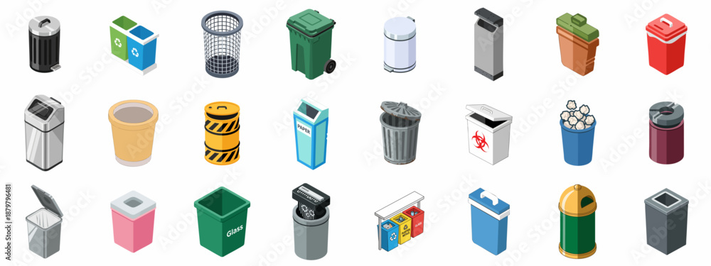Εκτύπωση καμβά Isometric vector icon set of diverse garbage bins, waste containers, recycling boxes, and trash cans used for disposal, sorting, and ecological management