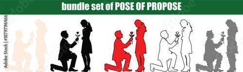 Valentine's day, silhouette Romantic marriage proposal pose bundle set featuring diverse graphic styles of a man kneeling with a rose to a woman dot, dotted, star art, line art