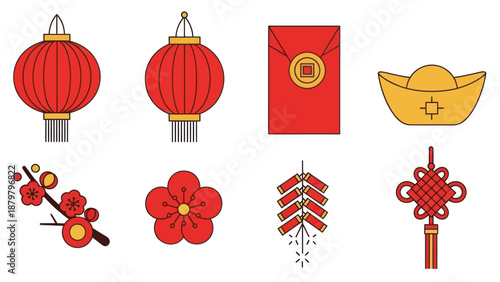 Chinese New Year Icons: Lanterns, Red Envelope, Gold Ingot, Firecrackers, Flower, Knot