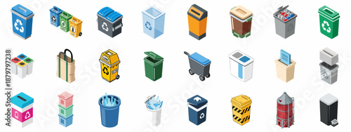 Isometric Set of Recycling Bins, Trash Cans, and Waste Containers for Waste Management and Garbage Sorting Icons.