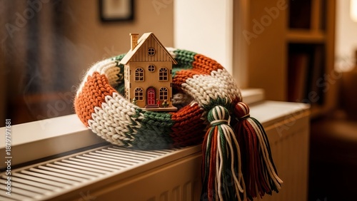 The house is cozy and warm, and the heating is on. A miniature house, wrapped in a warm knitted scarf, sits on a shelf near the radiator