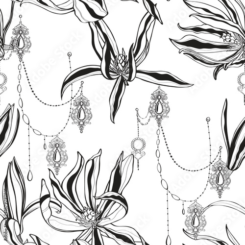 Geometric ethnic oriental pattern of necklace, collar, pendant, earring. Seamless vector pattern with magnolia flowers. Template for scarves, dresses, shirts. Vintage textile collection.