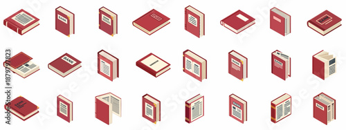 Isometric Bankbook and Financial Ledger Icons Set: Collection of Red Passbooks, Account Records, and Banking Documents in Various Views