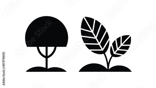 Minimalist black and white icons symbolizing plant life from sprout to mature tree Vector