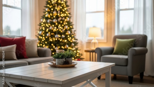 Cozy living room with christmas tree and warm lighting