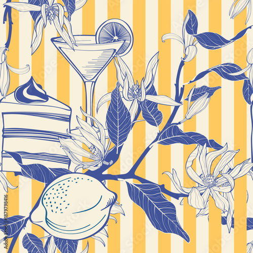 Seamless vector pattern with red cherry, strawbery, flowers and striped green on vertical stripes. Bright and playful Mediterranean design for fabric, branding, kitchen decor, gift wrap or summer. 