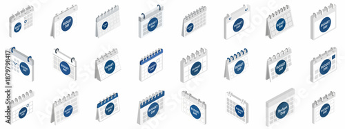 Isometric Calendar Icons Set for Budget Day Planning and Financial Events, Isolated Vector Collection.