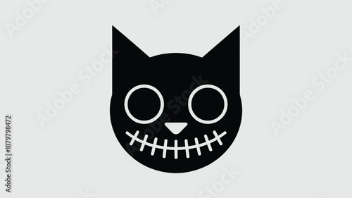 Spooky black cat head with a stitched smile and minimalist design icon Vector