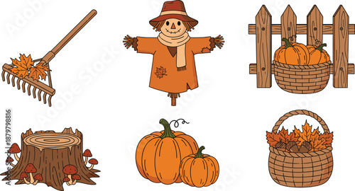 Autumn harvest vector illustration set with scarecrow pumpkins baskets leaves fence and fall gardening elements