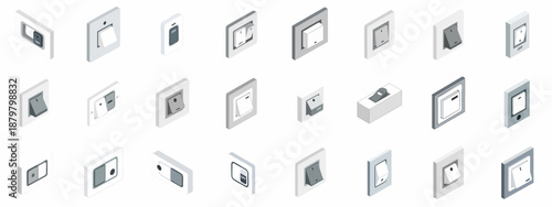 Isometric Light Switches Vector Icon Set: Collection of various on/off electrical wall buttons, rockers, and toggles for smart home and interior design elements.