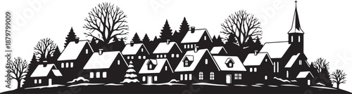 Snowy Village Silhouette with Church and Bare Trees Scene