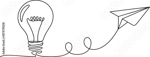 Light bulb with paper plane one line drawing, minimal idea launch outline vector illustration