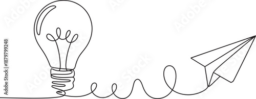 Light bulb with paper plane one line drawing, minimal idea launch outline vector illustration