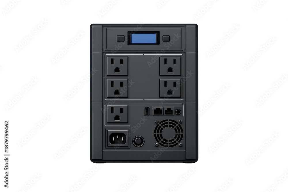 Fototapeta premium Modern uninterruptible power supply design with multiple outlets and connectivity options