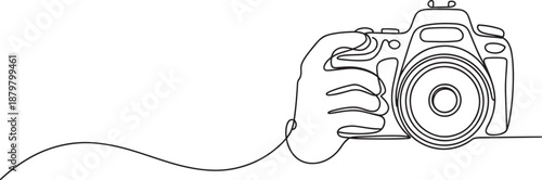 Camera in hand continuous one line drawing, minimal photography outline vector illustration icon