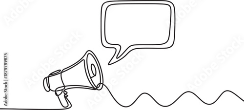 Megaphone speech bubble continuous one line drawing, minimal announcement outline vector icon