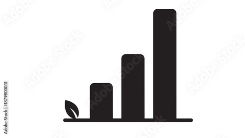 Vector minimalist black silhouette of a rising bar chart with a small leaf representing sustainable business growth green economic progress and environmental development goals