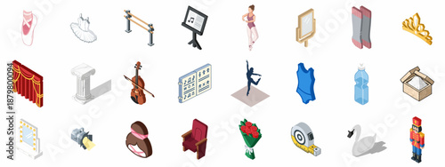 Isometric icons set representing ballet, classical dance, theatrical performance, and associated props, costumes, and music elements.