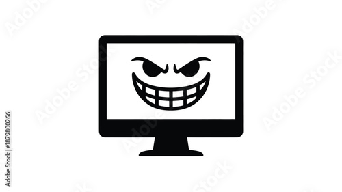 Malicious computer screen with an evil grin representing cyber threat and virus icon Vector
