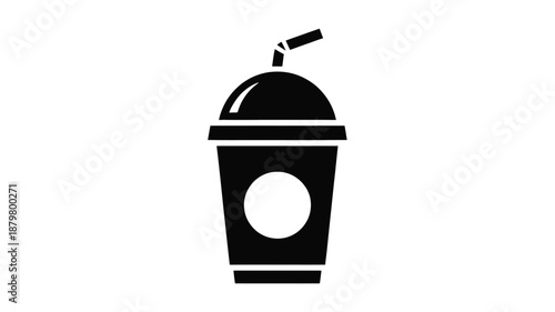 Simple black icon of a disposable cold drink cup with a domed lid and straw Vector