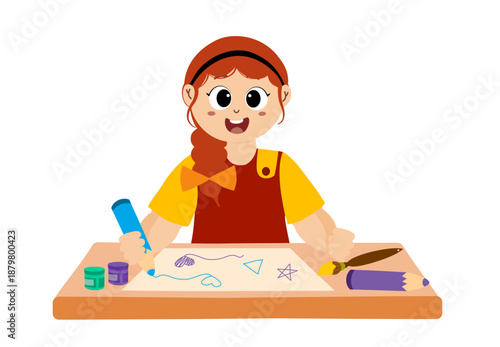 Funny little girl painting and coloring. Concept art. Art day. Colorful cartoon characters. Funny illustration. Isolated on white background