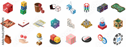 Isometric icon set showcasing various dice games, gambling elements, and board game accessories like chips, dominoes, and casino equipment on a white background.