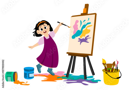 Funny little girl painting and coloring. Concept art. Art day. Colorful cartoon characters. Funny illustration. Isolated on white background