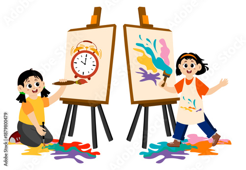 Funny little kids painting and coloring. Concept art. Art day. Colorful cartoon characters. Funny illustration. Isolated on white background