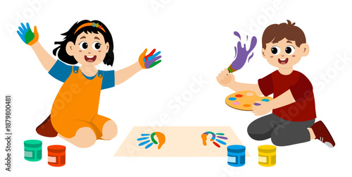 Funny little kids painting and coloring. Concept art. Art day. Colorful cartoon characters. Funny illustration. Isolated on white background