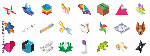 Isometric Origami and Paper Craft Icons Set, featuring folded animals, geometric shapes, DIY tools, glue, scissors, and layered paper stack illustrations.