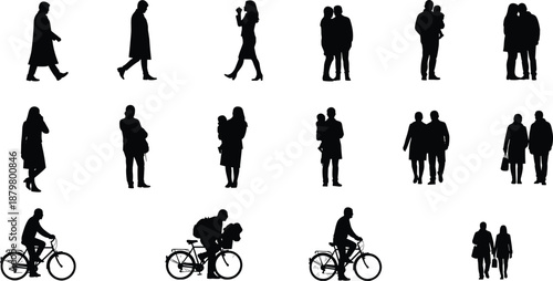 Urban people silhouette set showing walking, standing, couples, parents with children and cyclists in everyday city lifestyle scenes isolated on white background