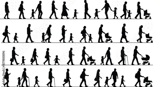 People and family walking silhouette collection showing parents, children, strollers and daily movement scenes across generations isolated on white backgroundPeople and family walking 